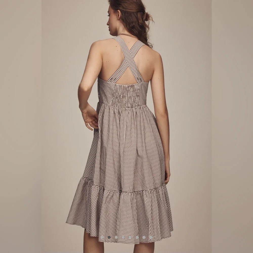 MAEVE ANTHRO Halter Bow Front Midi Brown Gingham Dress Size XXSP EUC